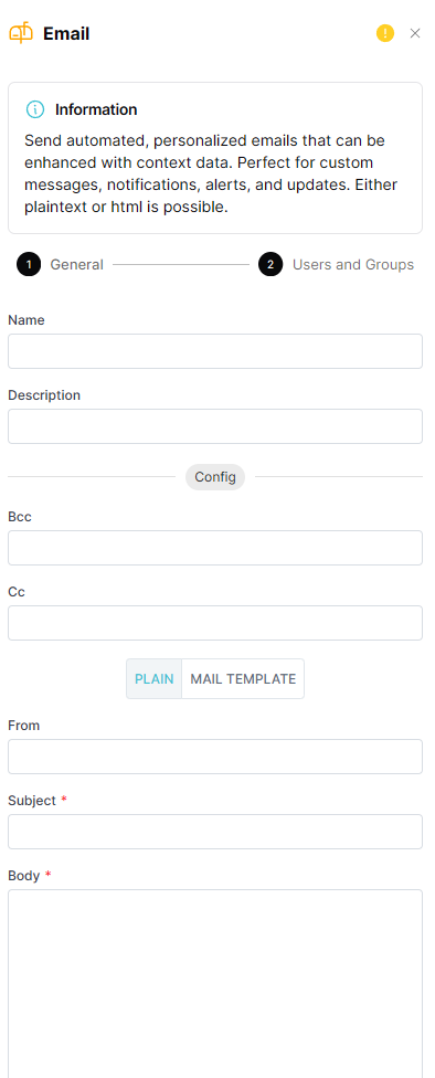 Email action configuration — General step