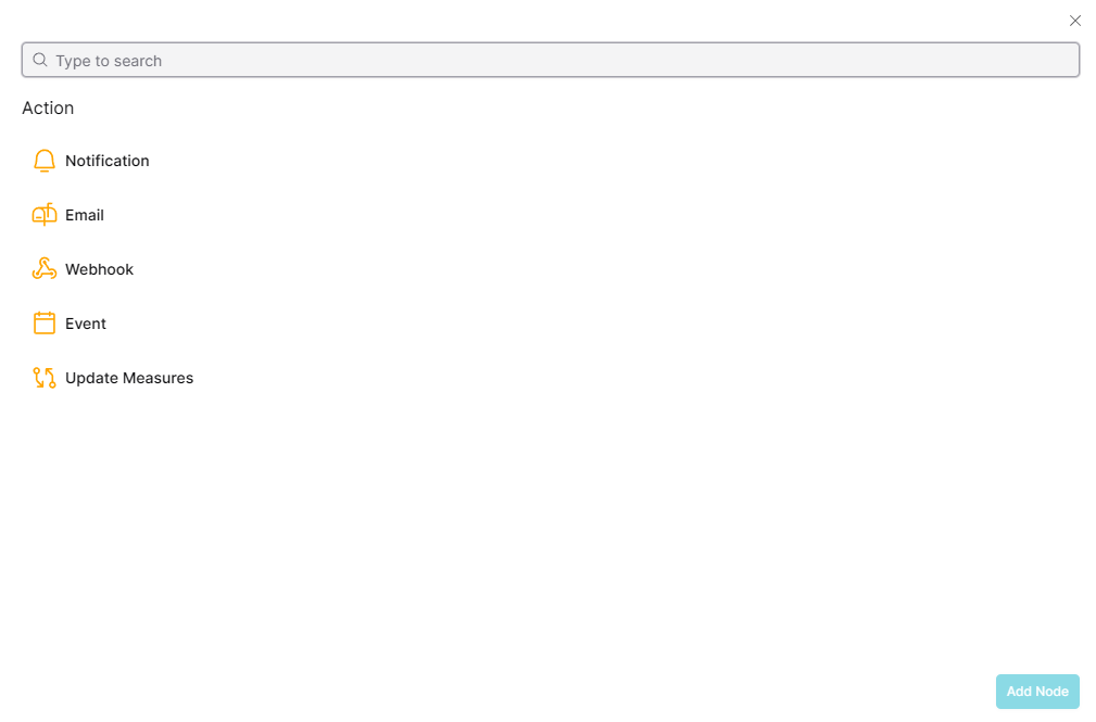 Action selection dialog showing available action types
