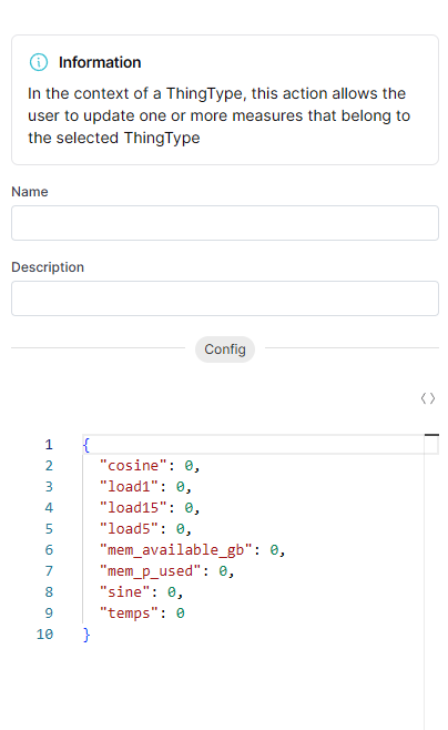 Update Measures action — JSON editor pre-populated with Thing Type measures
