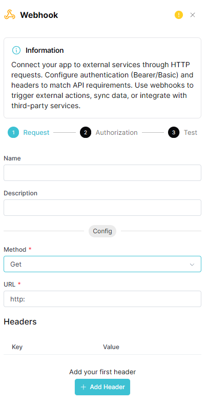 Webhook action — Request step (method, URL, headers)