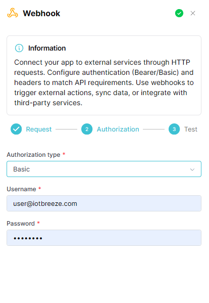 Webhook action — Authorization step (Basic auth shown)