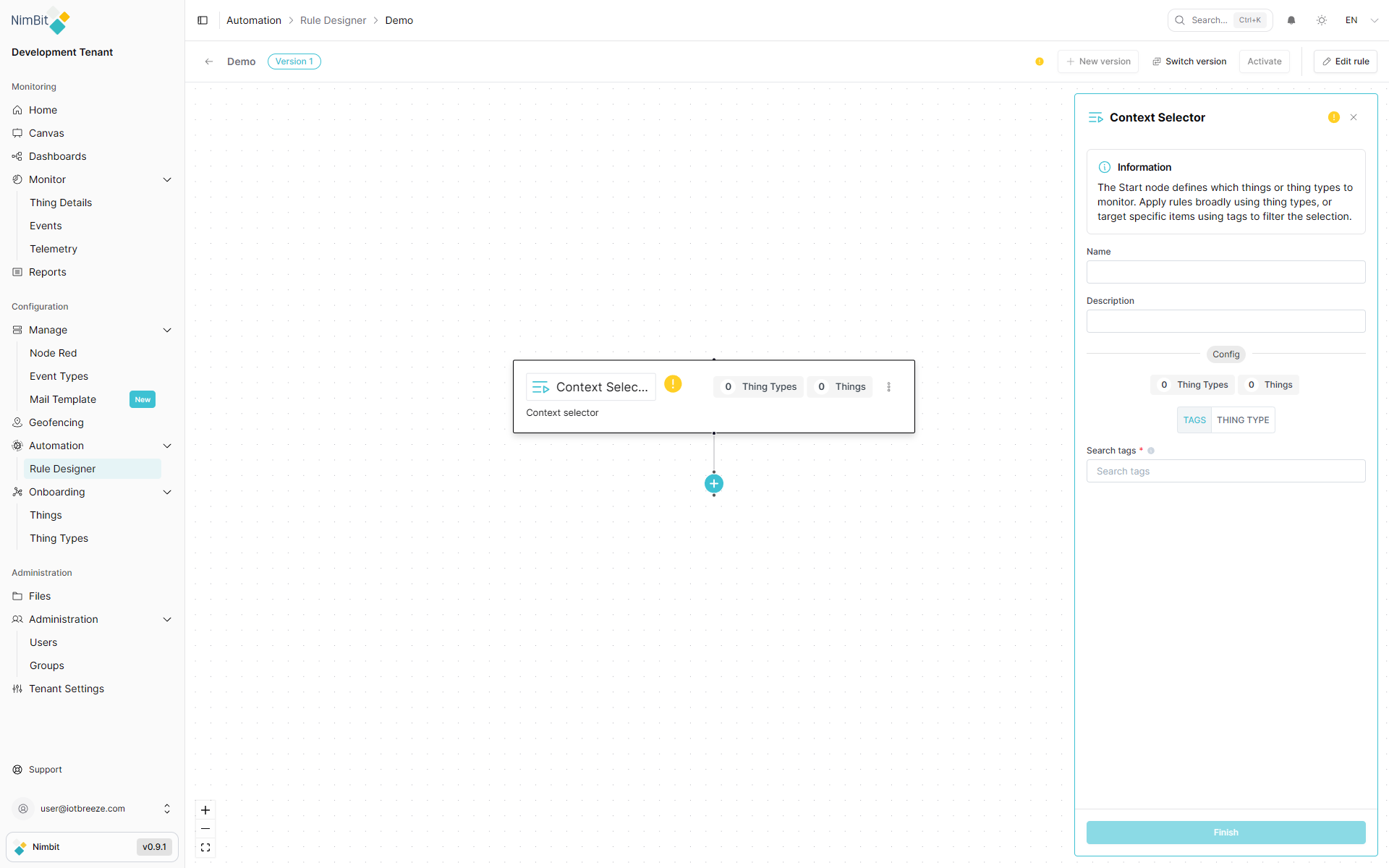 Context Selector node in the flow editor with configuration panel open