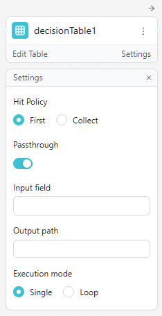 Decision Table settings panel