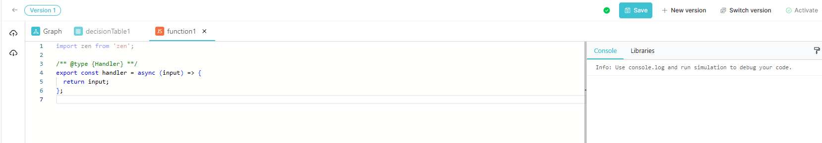 Function node code editor with Console and Libraries tabs