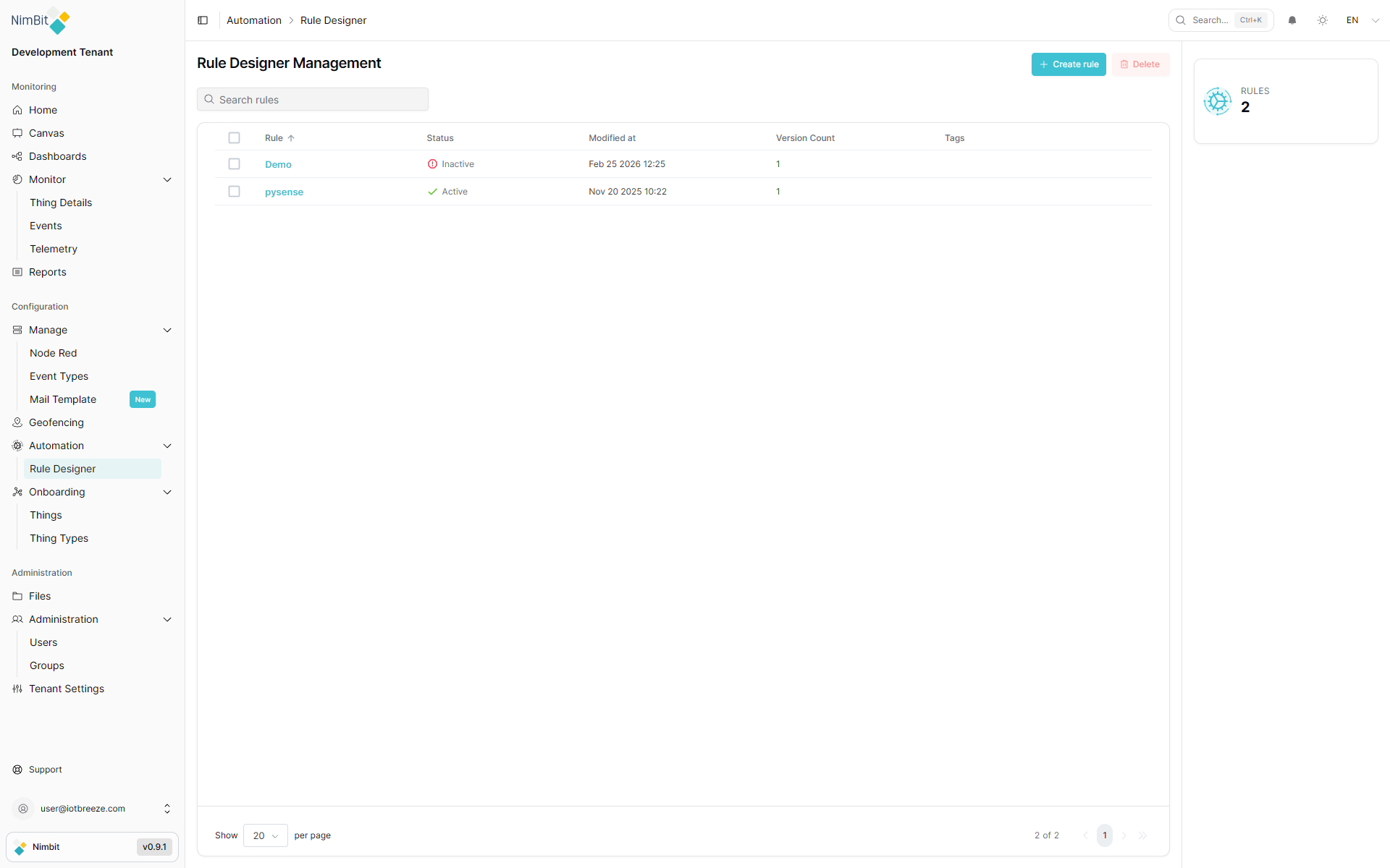 Rule Designer Management table showing rule list with status, version count and tags