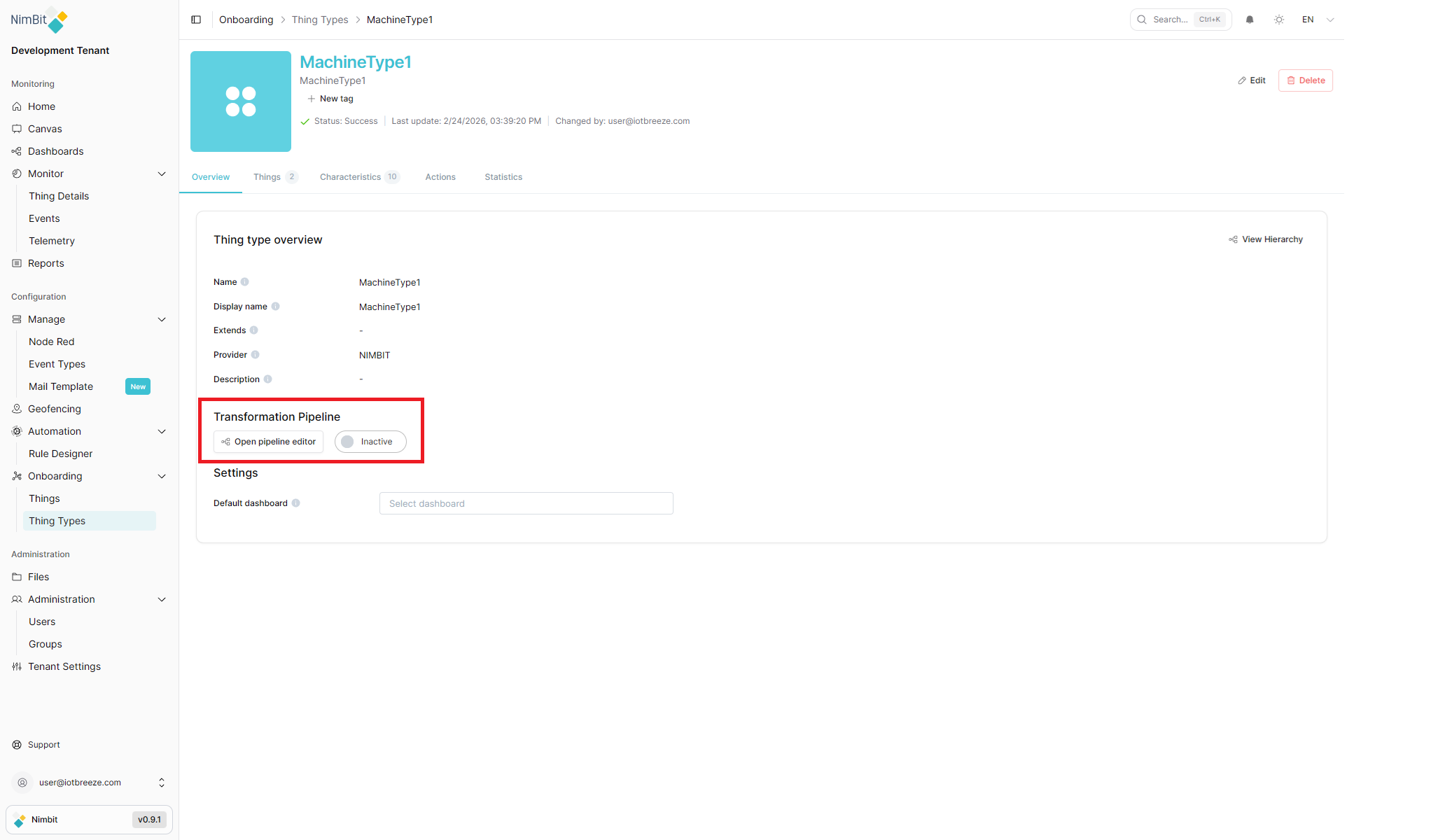 Transformation Pipeline section on the Thing Type overview page